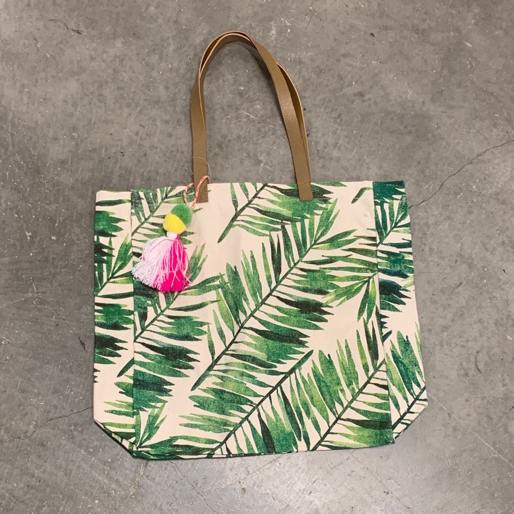 Tropical Leaf Canvas Tote Bag with Pink Tassel